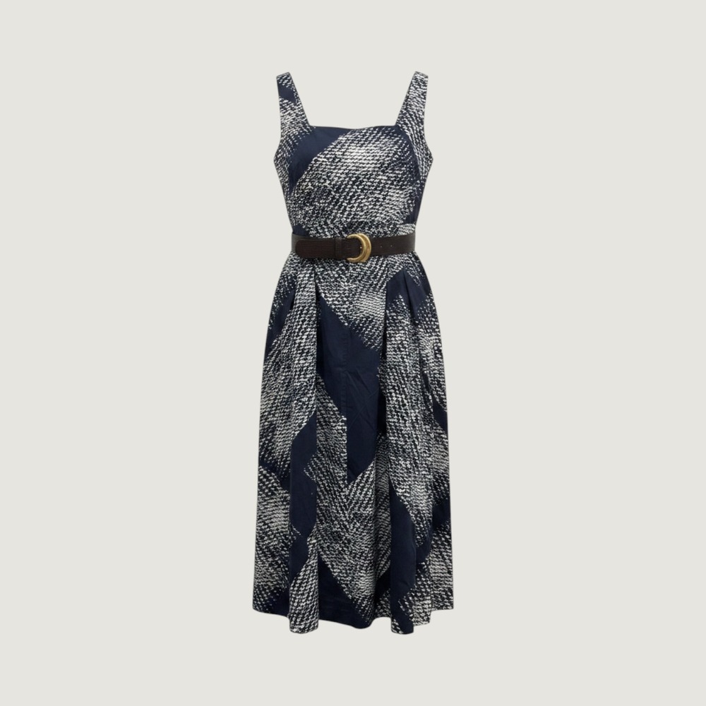 Donna Karen‎ Midi Dress Womens Navy White Abstract Print Belted Excellent